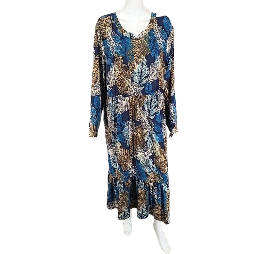 Stan Herman Allover Printed Tiered Lounge Dress 1X Plus Navy Blue A608379